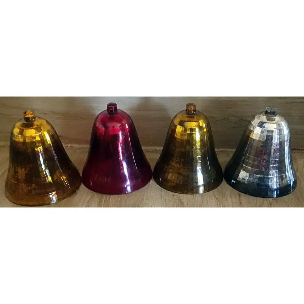 Christmas PLASTIC BELL Ornaments Silver Gold & Red Prism Pattern Lot Of 4